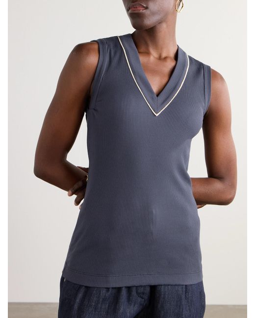Brunello Cucinelli Blue Tanktop Aus Einer Gerippten Baumwollmischung Mit Zierperlen
