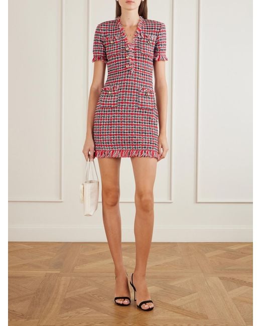 Self-Portrait Red Checked Frayed Cotton-Blend Mini Dress