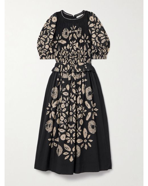 Sea Black Thea Embellished Shirred Tie-Dyed Cotton-Blend Voile Midi Dress