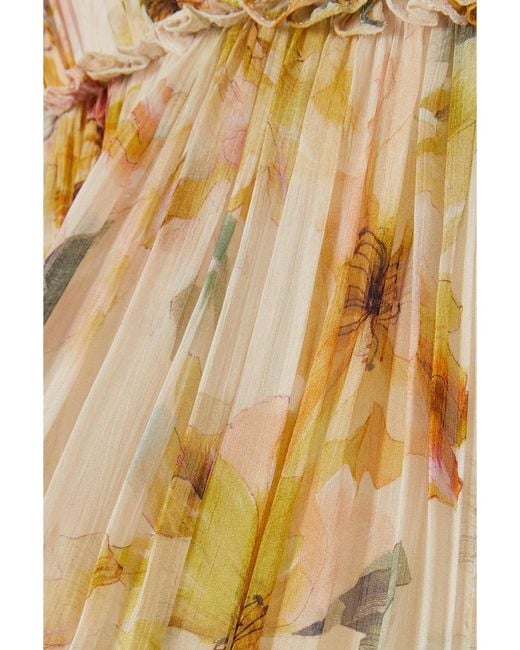 Costarellos Metallic Gianna Floral-Print Ruched Pleated Georgette Gown