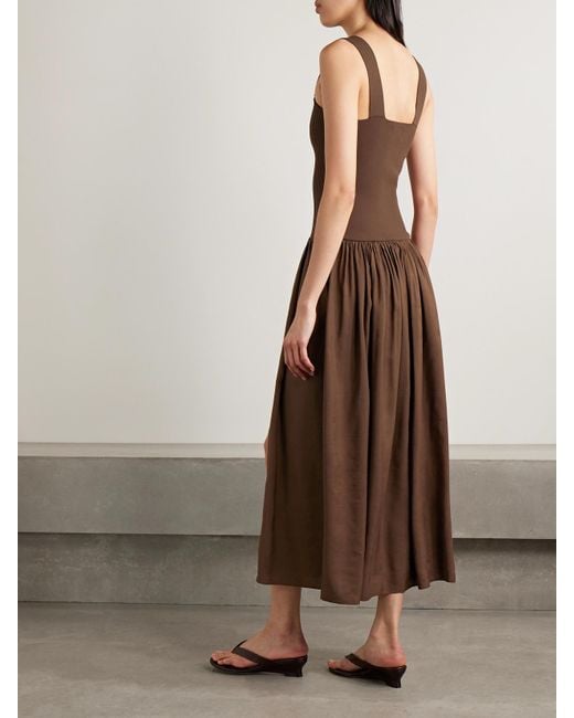 La Ligne Brown Midikleid Aus Stretch-Strick Und Einer Leinenmischung Mit Raffungen