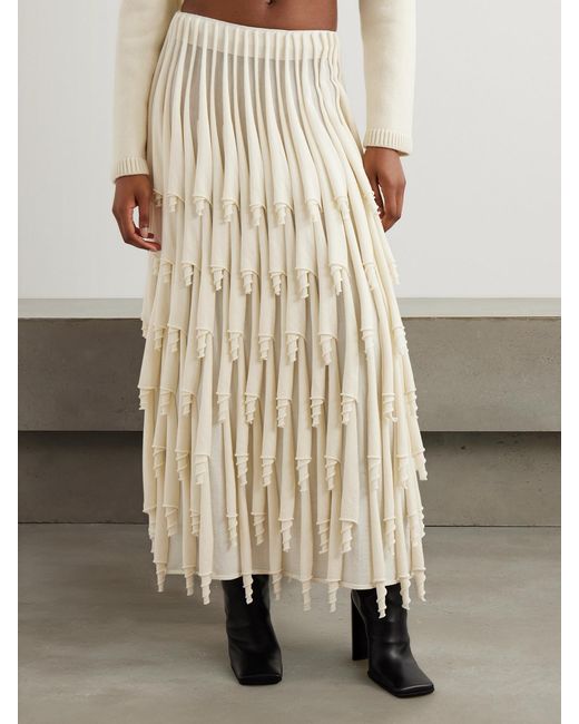 Alaïa Natural Tiered Pleated Wool And Silk-Blend Midi Skirt