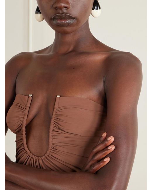 Christopher Esber Brown Arced Ruched Satin Maxi Dress