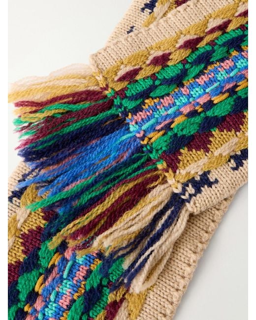 Dries Van Noten Blue Fringed Intrasia-Knit Wool Scarf