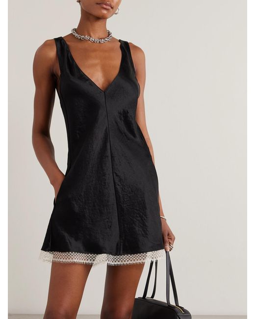 Maria McManus Black Scalloped Lace-Trimmed Hammered-Satin Mini Dress