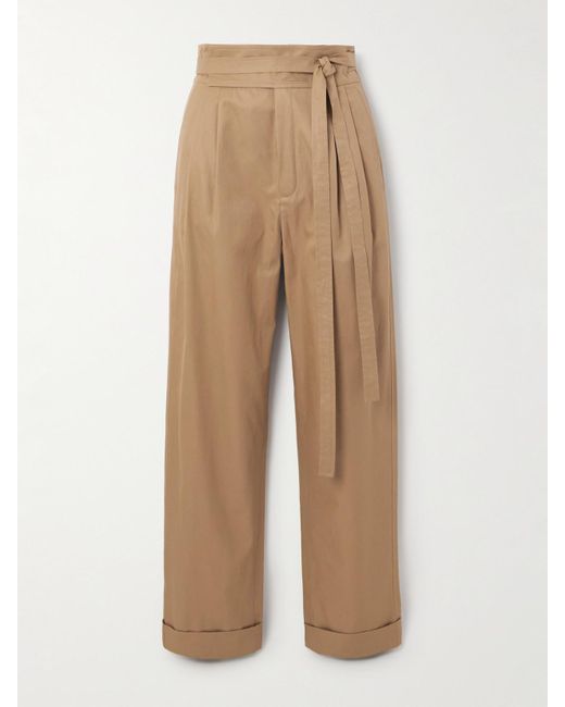 Saint Laurent Natural Hose Mit Geradem Bein Aus Baumwoll-Twill Mit Falten Und Bindegürtel