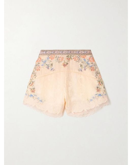 Camilla Natural Crystal-Embellished Tulle-Trimmed Embroidered Floral-Print Satin-Jacquard Shorts