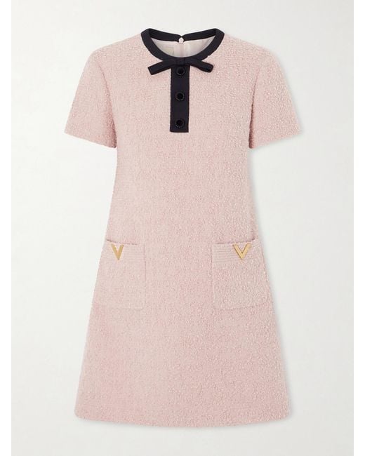 Valentino Garavani Pink Bow-Detailed Embellished Wool-Blend Bouclé Mini Dress