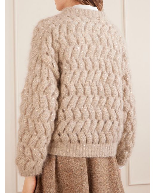 Brunello Cucinelli Natural Sequin-Embellished Open-Knit Mohair-Blend Sweater