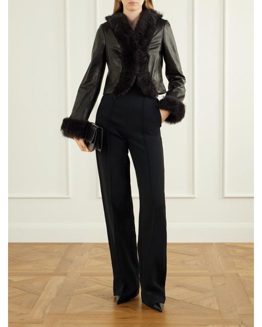 Nour Hammour Black Sofie Cropped Shearling-Trimmed Leather Jacket