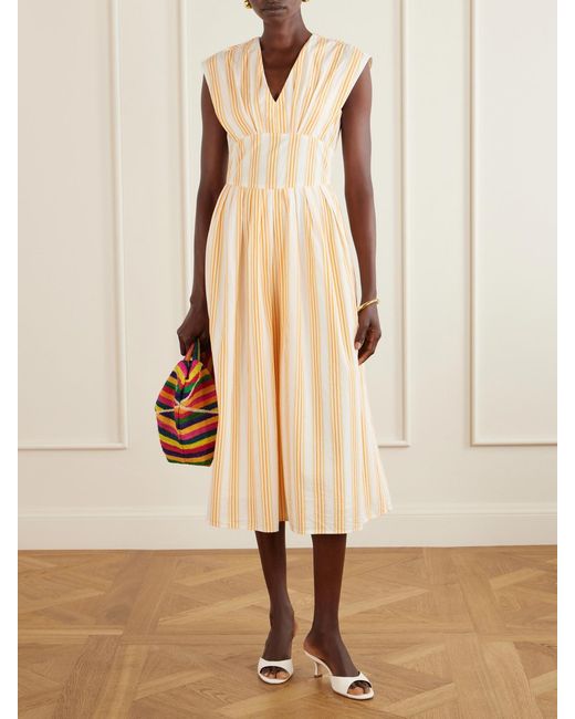 Rosie Assoulin Natural In Full Bloom Gathered Striped Cotton-Taffeta Midi Dress