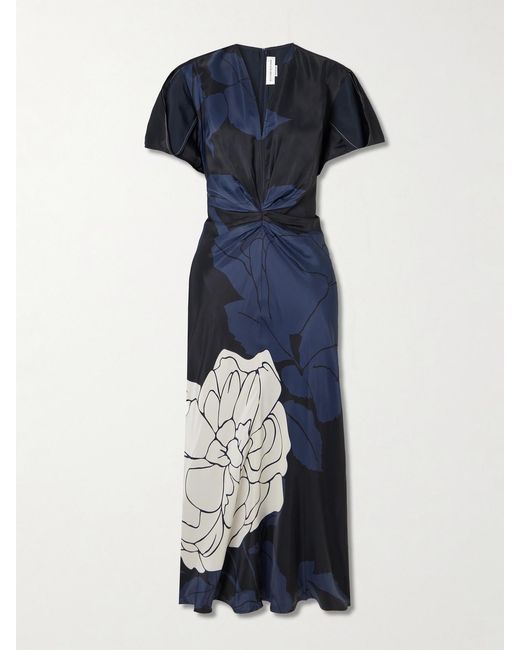 Victoria Beckham Blue Eve Layered Gathered Floral-Print Satin Midi Dress