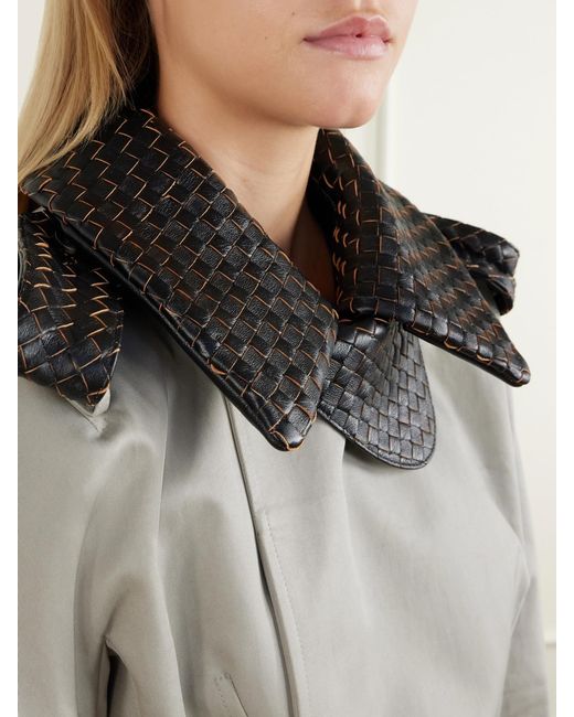 Bottega Veneta Gray Belted Intrecciato Leather-Trimmed Cotton-Gabardine Coat