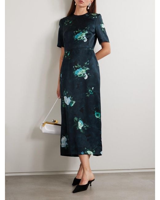 Erdem Blue Abstract Rose Print Short Sleeve Cocktail Dress