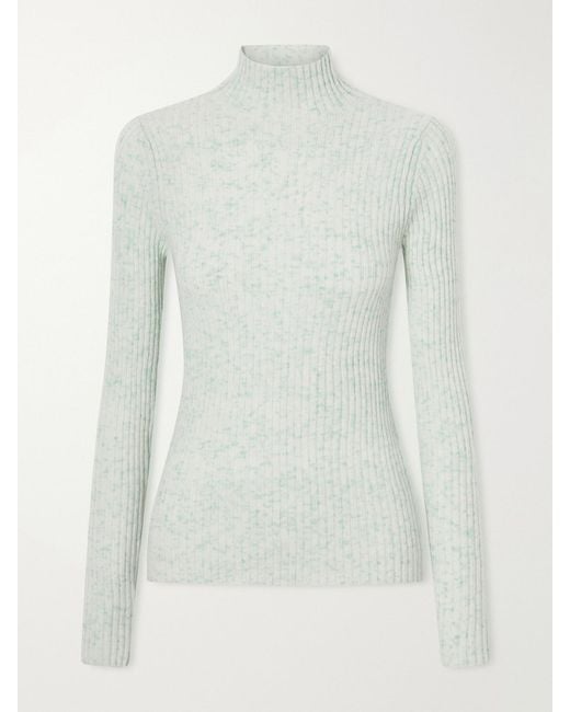 Auralee White Ribbed Cashmere Turtleneck Sweater
