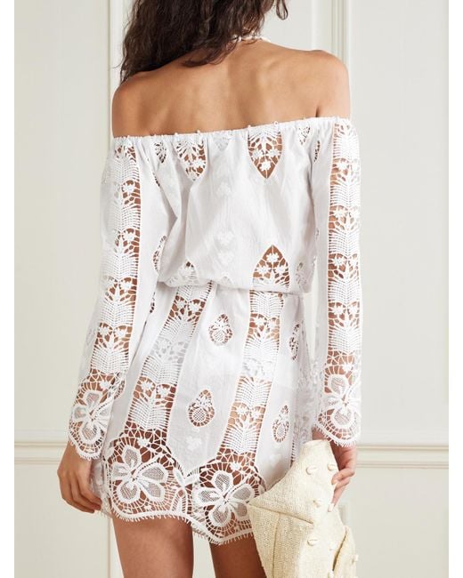 Miguelina White Brigette Off-The Shoulder Belted Lace-Trimmed Embroidered Cotton-Voile Mini Dress