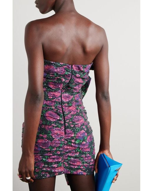 ROTATE BIRGER CHRISTENSEN Purple Layla Trägerloses Minikleid Aus Recyceltem Mesh Mit Blumenprint, Rüschen Und Pailletten
