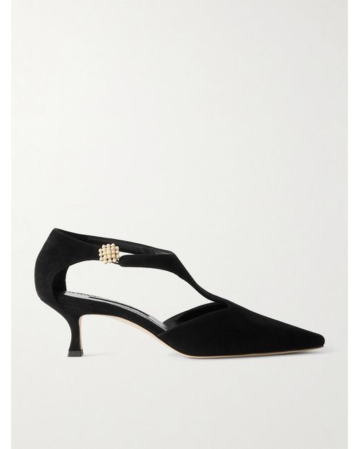 Manolo Blahnik Black Shufta 50 Embellished Suede Pumps