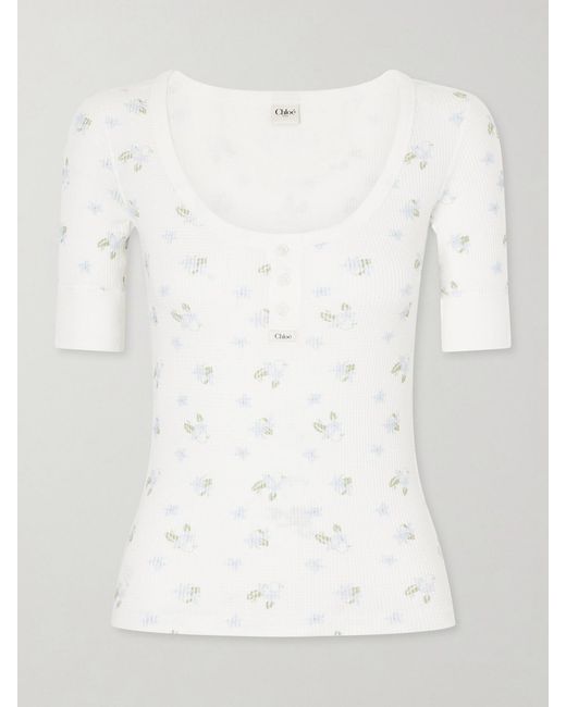 Chloé White Floral-Print Waffle-Knit Cotton-Jersey T-Shirt