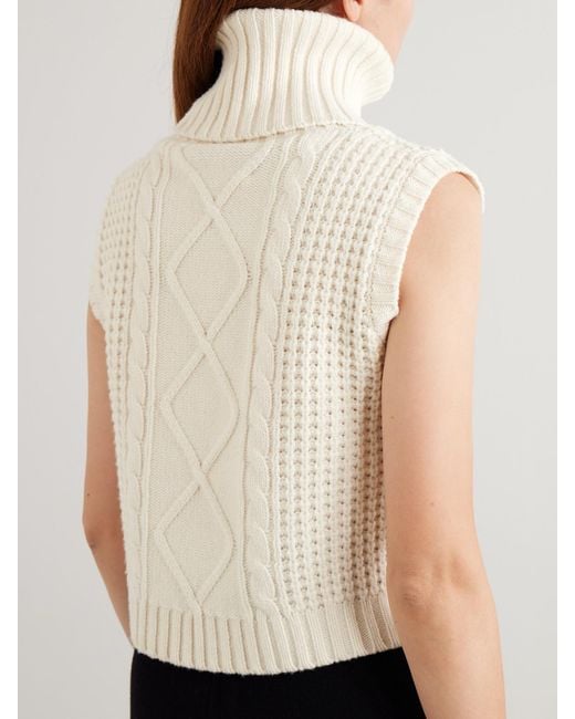 Perfect Moment Natural Crystal Cropped Cable-Knit Merino Wool Turtleneck Tank