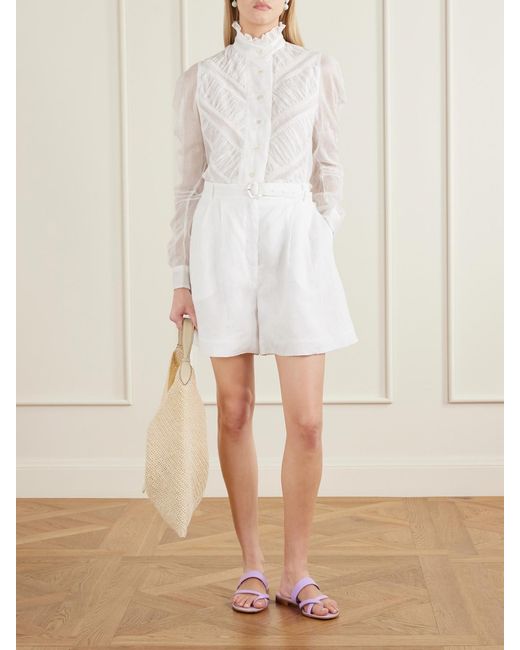 Thierry Colson White Wind Ruffled Ruched Cotton-Voile Blouse