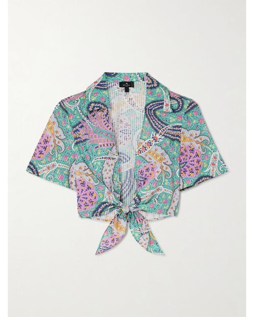 Etro Blue Knotted Cropped Cotton And Silk-Blend Voile Shirt