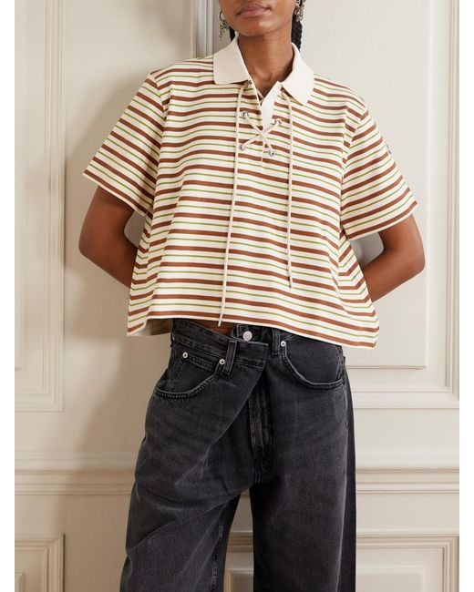Moncler Natural Lace-Up Cropped Striped Cotton Polo Shirt