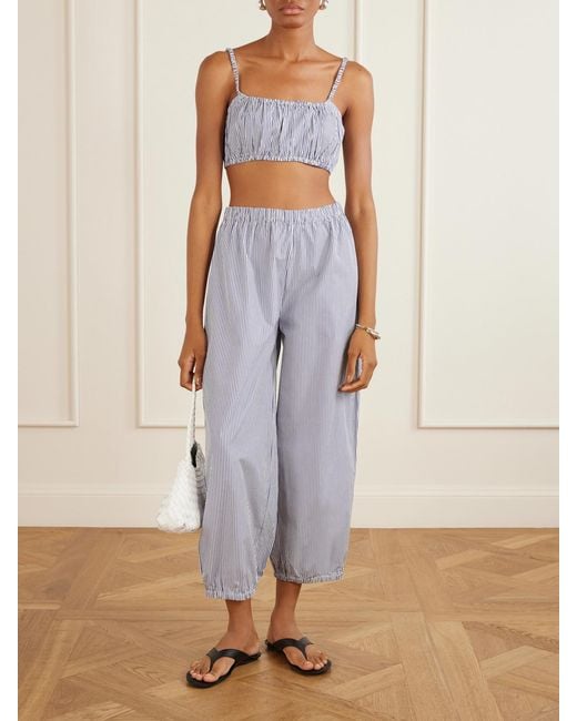 Suzie Kondi Blue Bea Shirred Striped Cotton-Poplin Bandeau Top