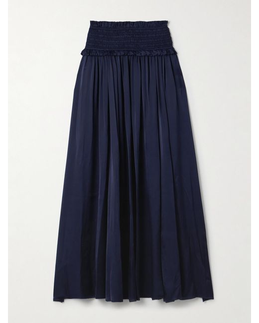 Zimmermann Blue Dream Ruffled Shirred Silk-Satin Maxi Skirt