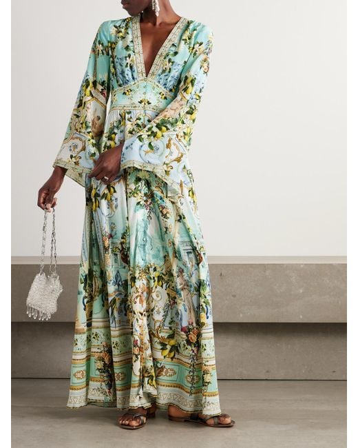 Camilla Green The Lotus Maxikleid Aus Bedrucktem Seidensatin Mit Kristallen