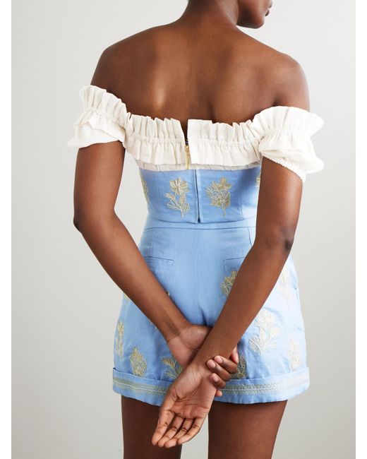 Agua Bendita Blue Pimienta Madera Cropped Off-The-Shoulder Ruffled Embroidered Linen Top