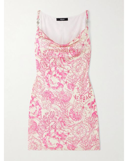 Versace Pink Minikleid Aus Bedrucktem Seidensatin Mit Verzierungen