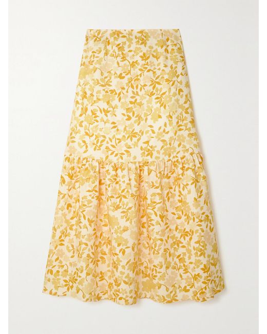 Peony Yellow Net Sustain Tiered Floral-Print Linen Maxi Skirt