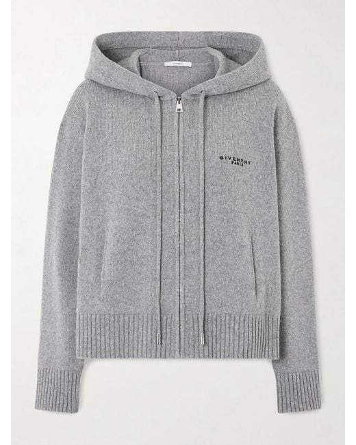 Givenchy Gray Embroidered Wool And Cashmere-Blend Zip-Up Hooded Cardigan