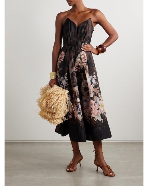 Zimmermann Black Illuminate Strapless Floral-Print Linen And Silk-Blend Midi Dress