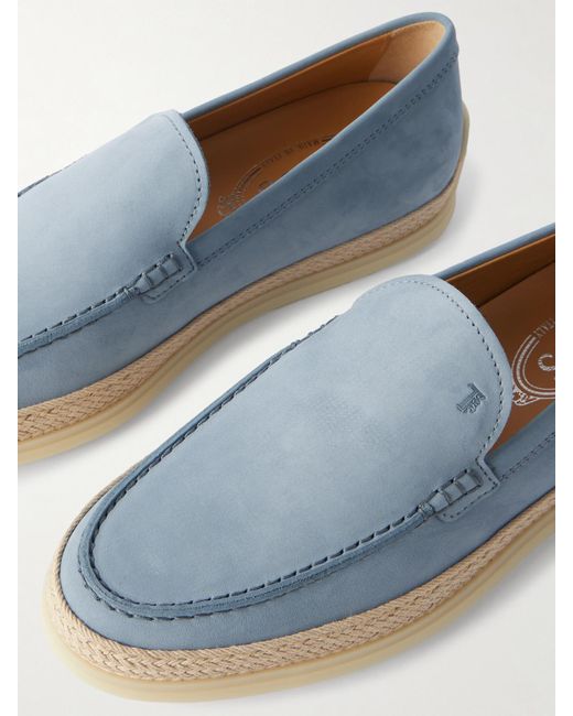 Tod's Blue Gomma Raffia-Trimmed Nubuck Loafers