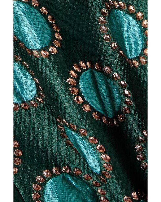 LaDoubleJ Green La Scala Asymmetric Feather-Trimmed Metallic Jacquard Top