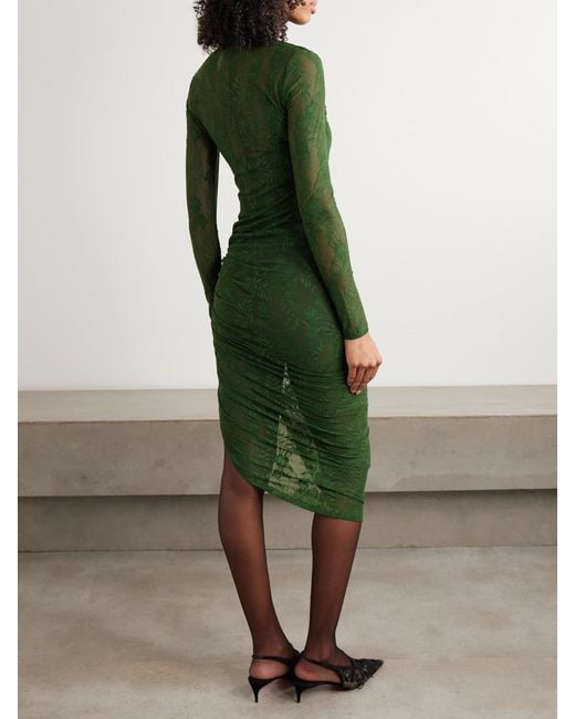 Norma Kamali Green Asymmetrisches Kleid Aus Stretch-Spitze Mit Stehkragen Und Raffung
