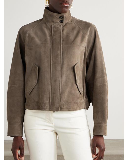 Brunello Cucinelli Brown Cropped Bead-Embellished Suede Jacket