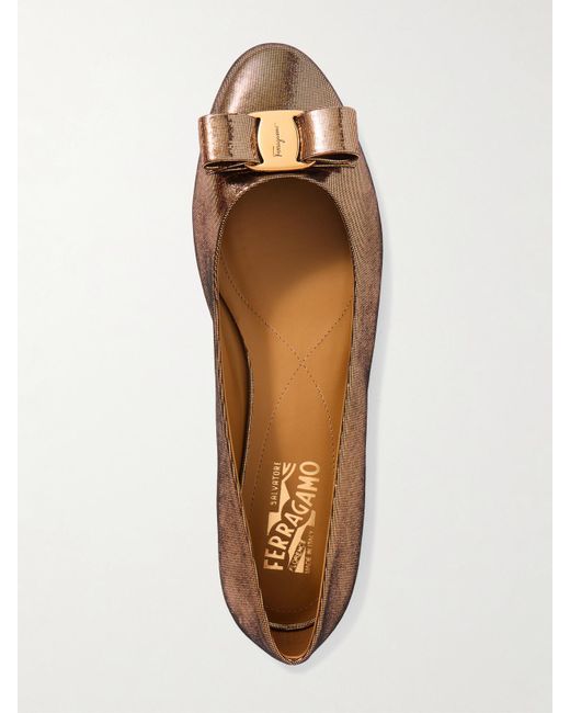 Ferragamo White Varina Bow-Embellished Lamé Ballet Flats