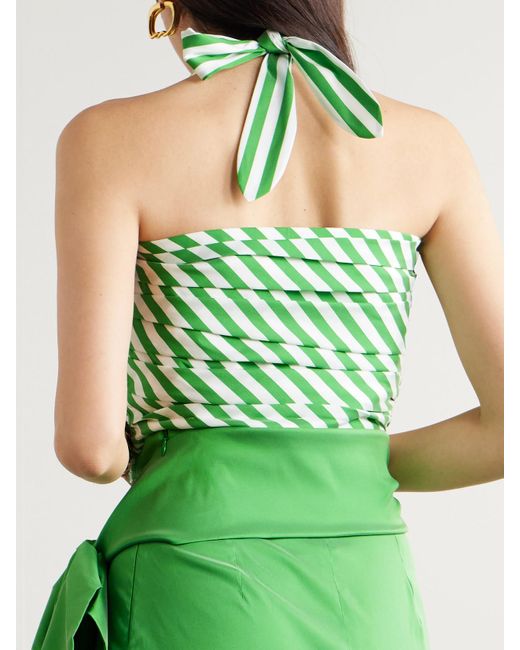 BERNADETTE Green Tippy Striped Pintucked Taffeta Halterneck Top