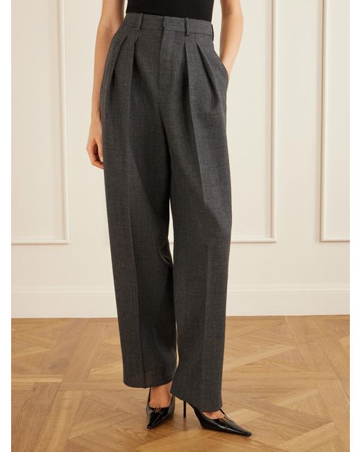 Saint Laurent Gray Wool Wide-Leg Pleated Pants