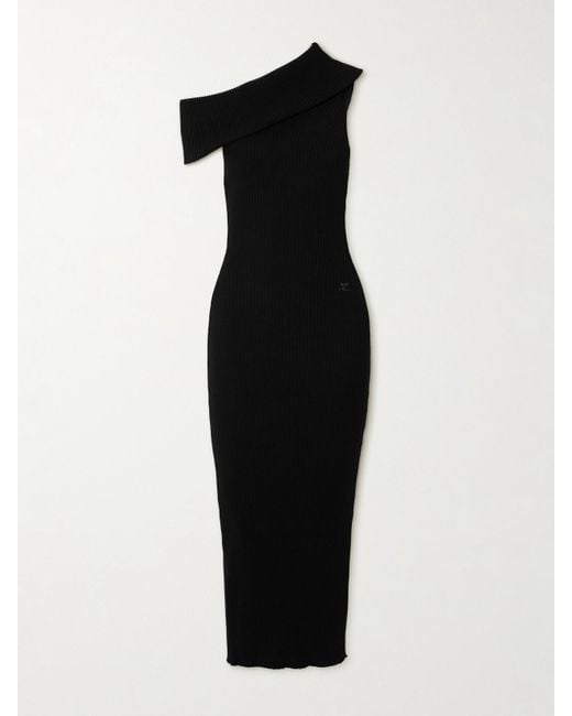 Courreges Black Twist Off-The-Shoulder Embroidered Ribbed-Knit Maxi Dress