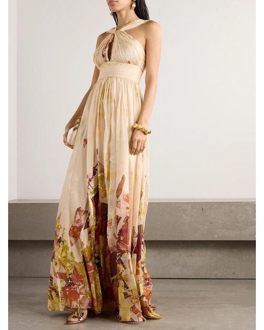 Zuhair Murad White Antique Shard Metallic Printed Silk-Chiffon Gown