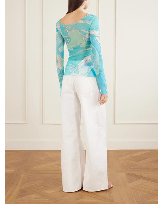 Emilio Pucci Blue Printed Stretch-Tulle Top