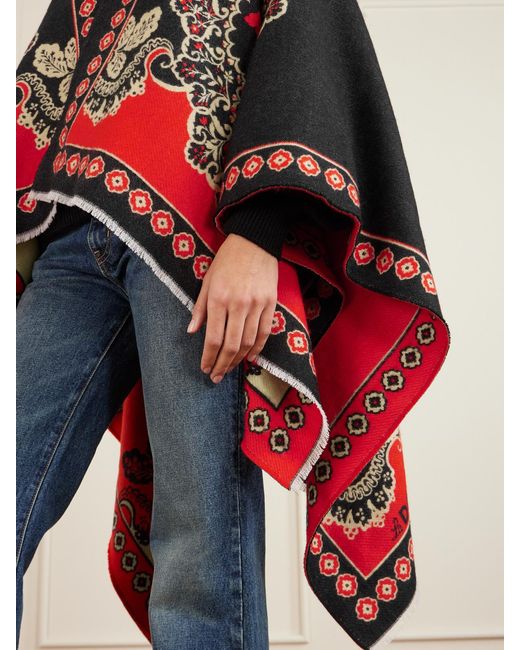 LaDoubleJ Red Soul Frayed Wool And Silk-Blend Jacquard Poncho