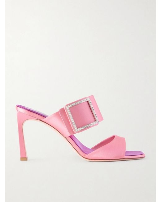 Roger Vivier Pink Trompette 85 Crystal-Embellished Satin Mules