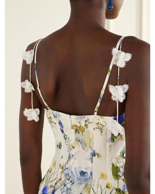 Camilla White Embellished Floral-Print Linen And Silk-Blend Midi Dress