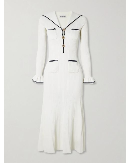 Self-Portrait White Striped Ribbed-Knit Midi Dress