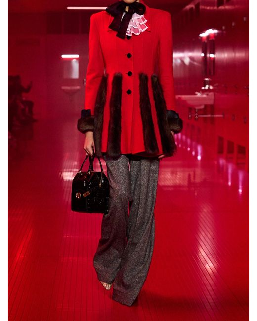 Valentino Garavani Red Bow-Detailed- Shearling-Trimmed Cashmere Coat